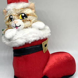 Animated Christmas Cat In Santa Boot Plush Sings Here Comes Santa Claus Gemmy‎